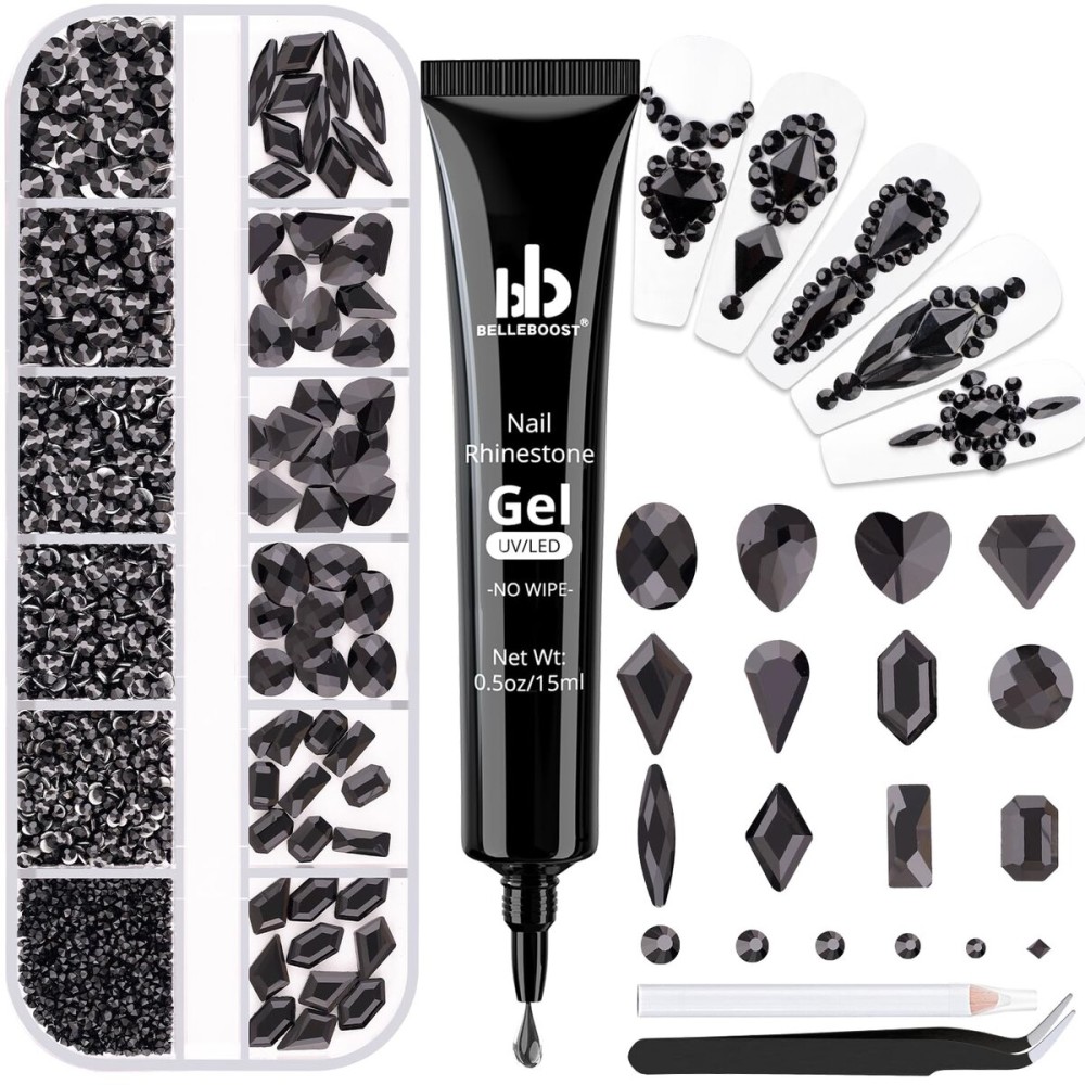 2060Pcs Black Glass Nail Rhinestones 60Pcs Multi Shapes Flatback Nail Gems + 2000Pcs 1.5-4mm Round Crystal with Rhinestones Glue Gel, Manicure Nail Charms Diamond Gemstones for Nail Art