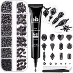 2060Pcs Black Glass Nail Rhinestones 60Pcs Multi Shapes Flatback Nail Gems + 2000Pcs 1.5-4mm Round Crystal with Rhinestones Glue Gel, Manicure Nail Charms Diamond Gemstones for Nail Art