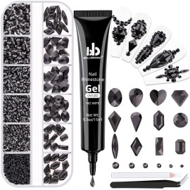 2060Pcs Black Glass Nail Rhinestones 60Pcs Multi Shapes Flatback Nail Gems + 2000Pcs 1.5-4mm Round Crystal with Rhinestones Glue Gel, Manicure Nail Charms Diamond Gemstones for Nail Art