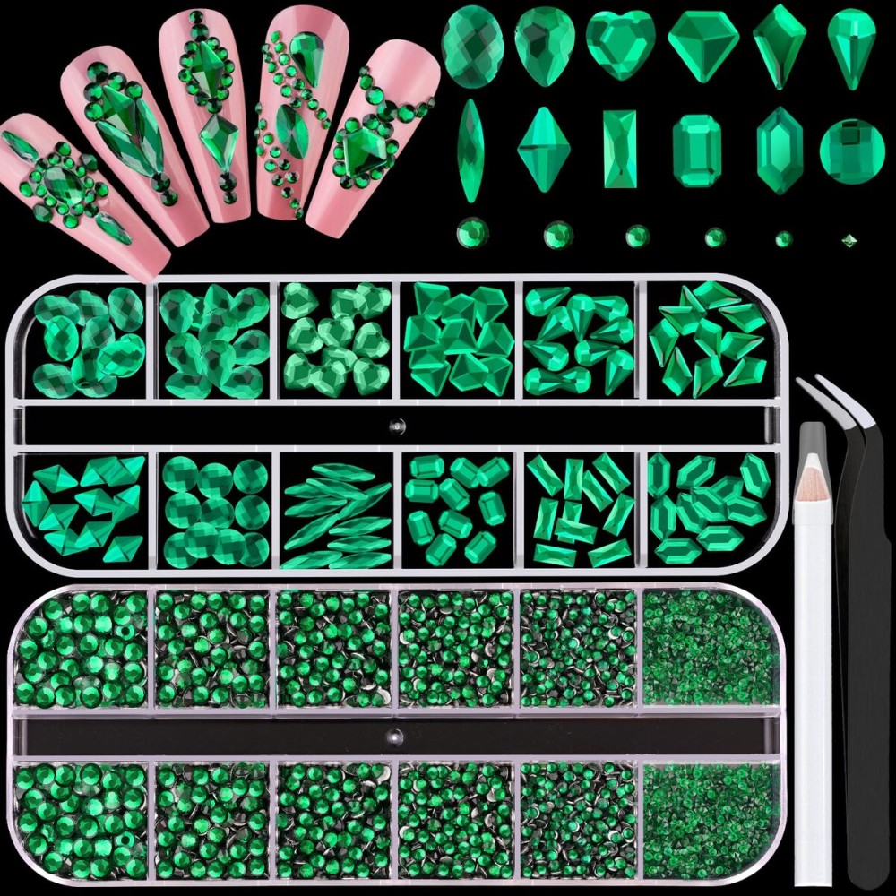 2680Pcs Emerald Green Glass Nail Rhinestones 120Pcs Multi Shapes Flatback Nail Gems + 2560Pcs 1.5-4mm Round Crystal, Manicure Nail Charms Diamond Gemstone for Acrylic Nails Decoration