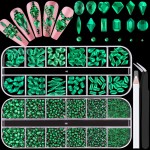 2680Pcs Emerald Green Glass Nail Rhinestones 120Pcs Multi Shapes Flatback Nail Gems + 2560Pcs 1.5-4mm Round Crystal, Manicure Nail Charms Diamond Gemstone for Acrylic Nails Decoration