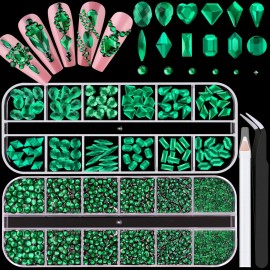 2680Pcs Emerald Green Glass Nail Rhinestones 120Pcs Multi Shapes Flatback Nail Gems + 2560Pcs 1.5-4mm Round Crystal, Manicure Nail Charms Diamond Gemstone for Acrylic Nails Decoration