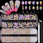 2680Pcs AB Glass Nail Rhinestones 120Pcs Multi Shapes Flatback Nail Gems + 2560Pcs 1.5-4mm Round Crystal, Manicure Nail Charms Diamond Gemstones for Acrylic Nails Decoration