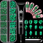 2060Pcs Emerald Green Glass Nail Rhinestones 60Pcs Multi Shapes Flatback Nail Gems + 2000Pcs 1.5-4mm Round Crystal with Rhinestones Glue Gel, Manicure Nail Charms Diamond Gemstone for Nail Art
