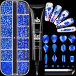 Royal Blue Glass Nail Rhinestones - 2060 Pcs Multi Shapes + 2000 Pcs Round Crystal with Glue Gel for Nail Art