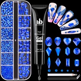 Royal Blue Glass Nail Rhinestones - 2060 Pcs Multi Shapes + 2000 Pcs Round Crystal with Glue Gel for Nail Art