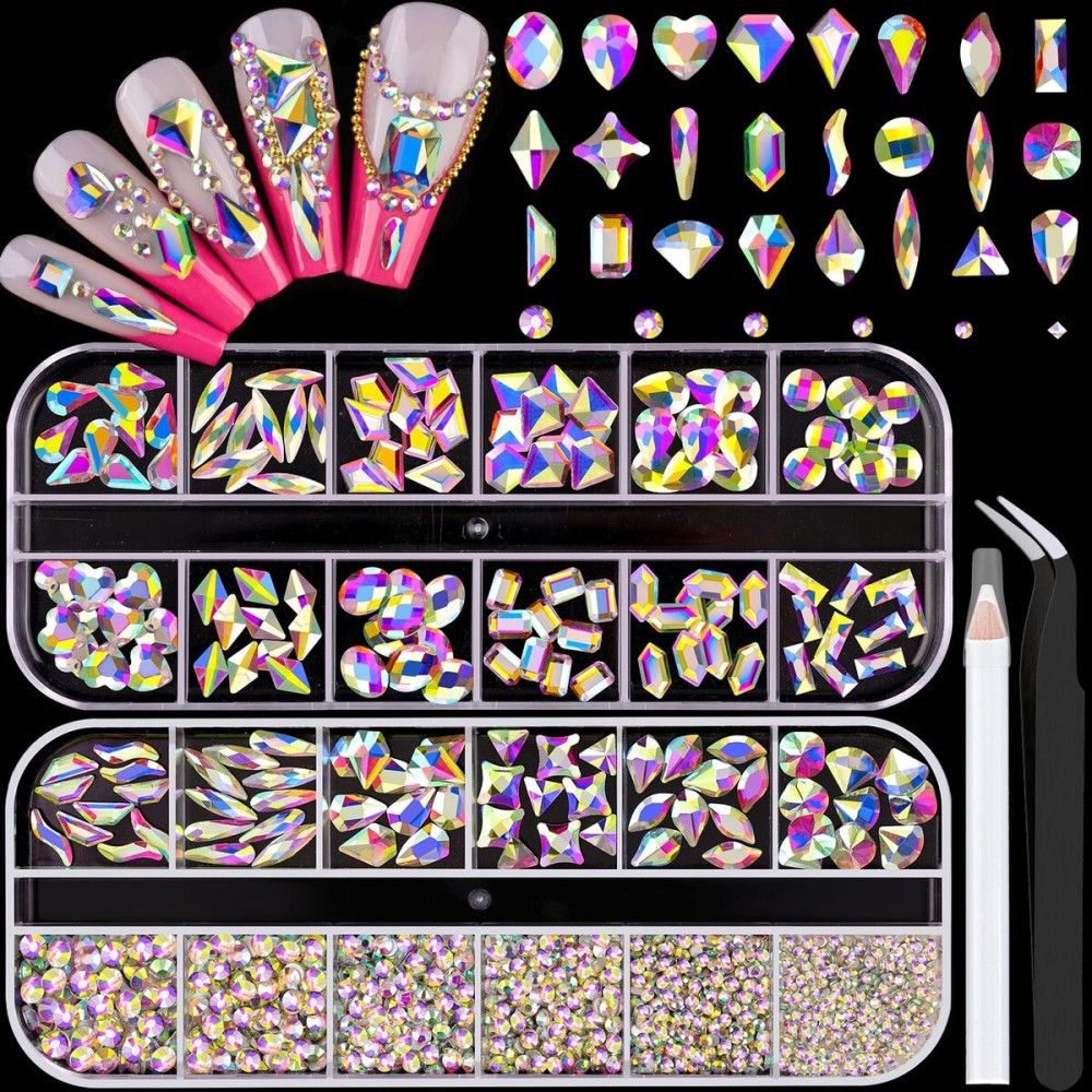 1680Pcs AB Glass Nail Rhinestones 180Pcs Multi Shapes Flatback Nail Gems + 1500Pcs 1.5-4mm Round Crystal, Manicure Nail Charms Diamond Gemstones for Acrylic Nails Decoration