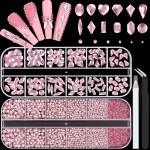 2680Pcs Pink Glass Nail Rhinestones 120Pcs Multi Shapes Flatback Nail Gems + 2560Pcs 1.5-4mm Round Crystal, Manicure Nail Charms Diamond Gemstones for Acrylic Nails Decoration