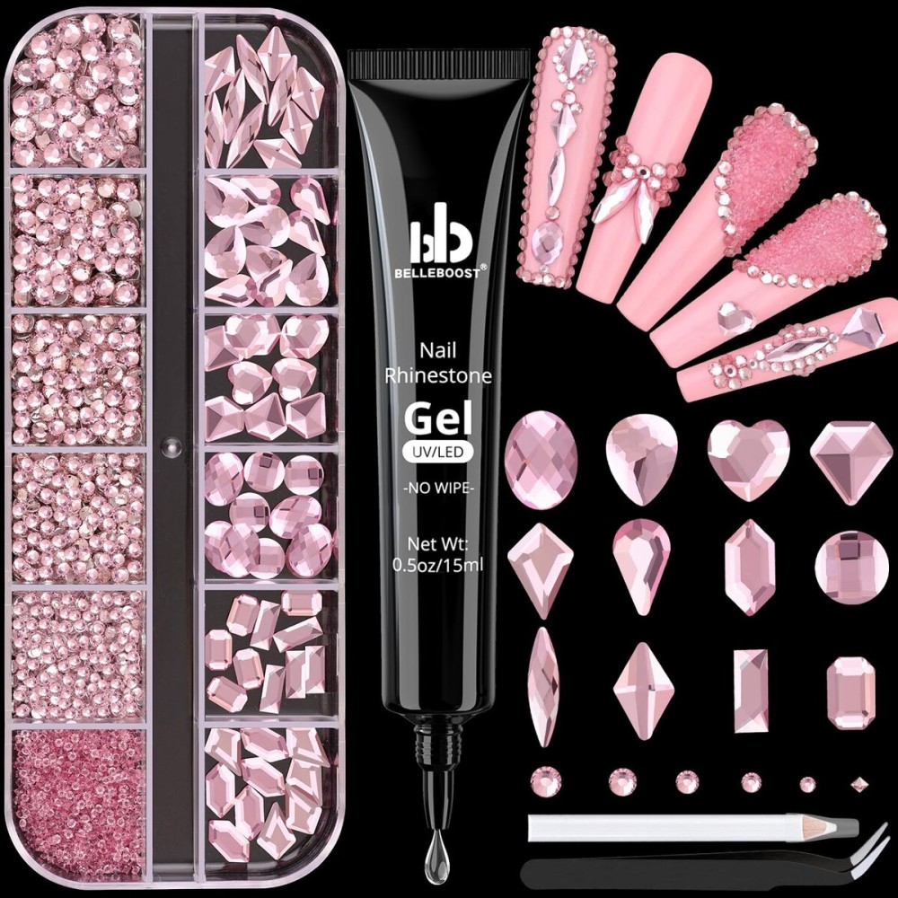 2060Pcs Pink Glass Nail Rhinestones 60Pcs Multi Shapes Flatback Nail Gems + 2000Pcs 1.5-4mm Round Crystal with Rhinestones Glue Gel, Manicure Nail Charms Diamond Gemstones for Nail Art