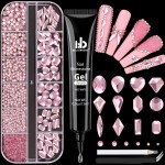 2060Pcs Pink Glass Nail Rhinestones 60Pcs Multi Shapes Flatback Nail Gems + 2000Pcs 1.5-4mm Round Crystal with Rhinestones Glue Gel, Manicure Nail Charms Diamond Gemstones for Nail Art
