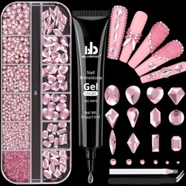 2060Pcs Pink Glass Nail Rhinestones 60Pcs Multi Shapes Flatback Nail Gems + 2000Pcs 1.5-4mm Round Crystal with Rhinestones Glue Gel, Manicure Nail Charms Diamond Gemstones for Nail Art