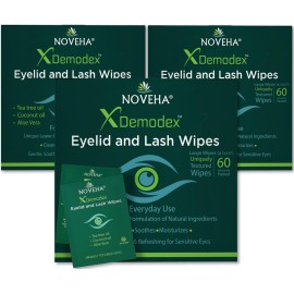 NOVEHA Demodex Eyelid & Lash Wipes | Box of 60 Individually Wrapped Extra Strength Cleansing Eyelash Wipes - Battles Irritated Eyes - Naturally Remove Debris (Pack of 3)