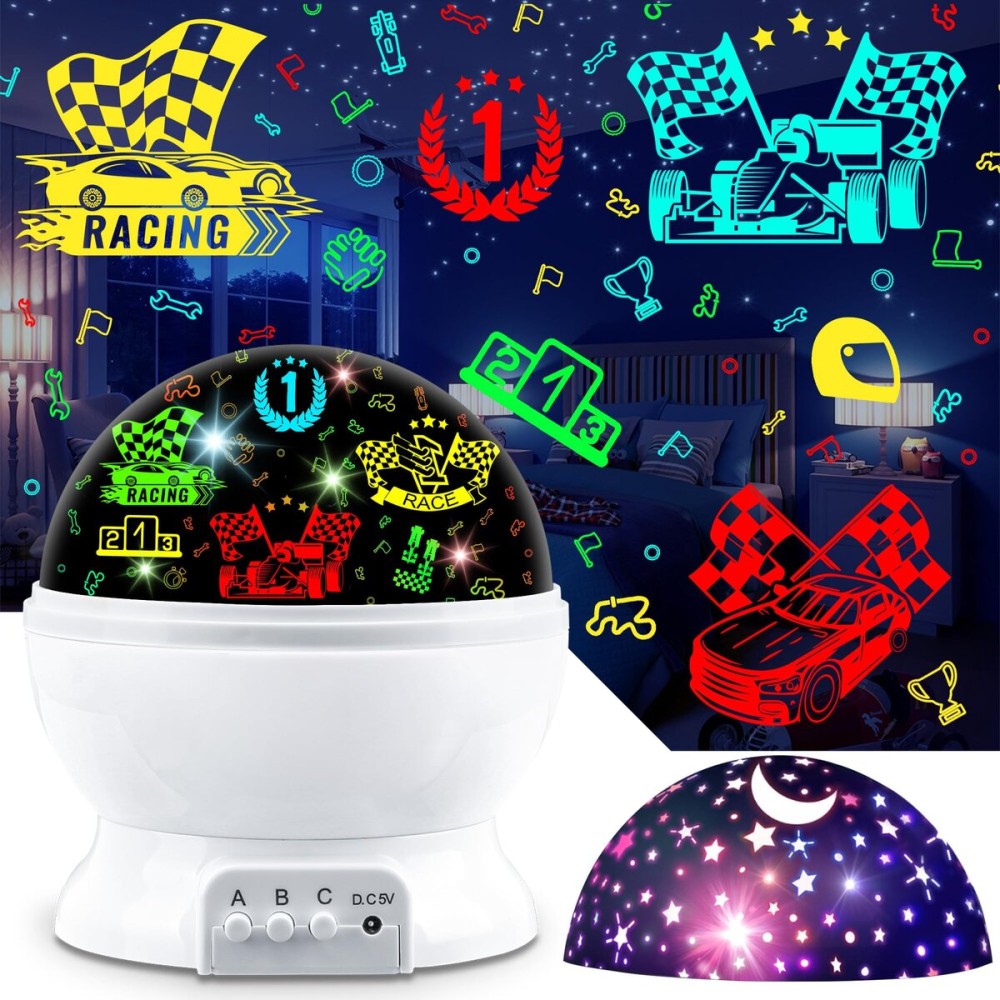 MOKOQI Race Car Night Light Projector Birthday Gifts Toys for Boys Age 3-5 Kids Car Nightlights 360 Degree Rotation with 17 Colors Changing Star Projector Ceiling Light Projector for Boys