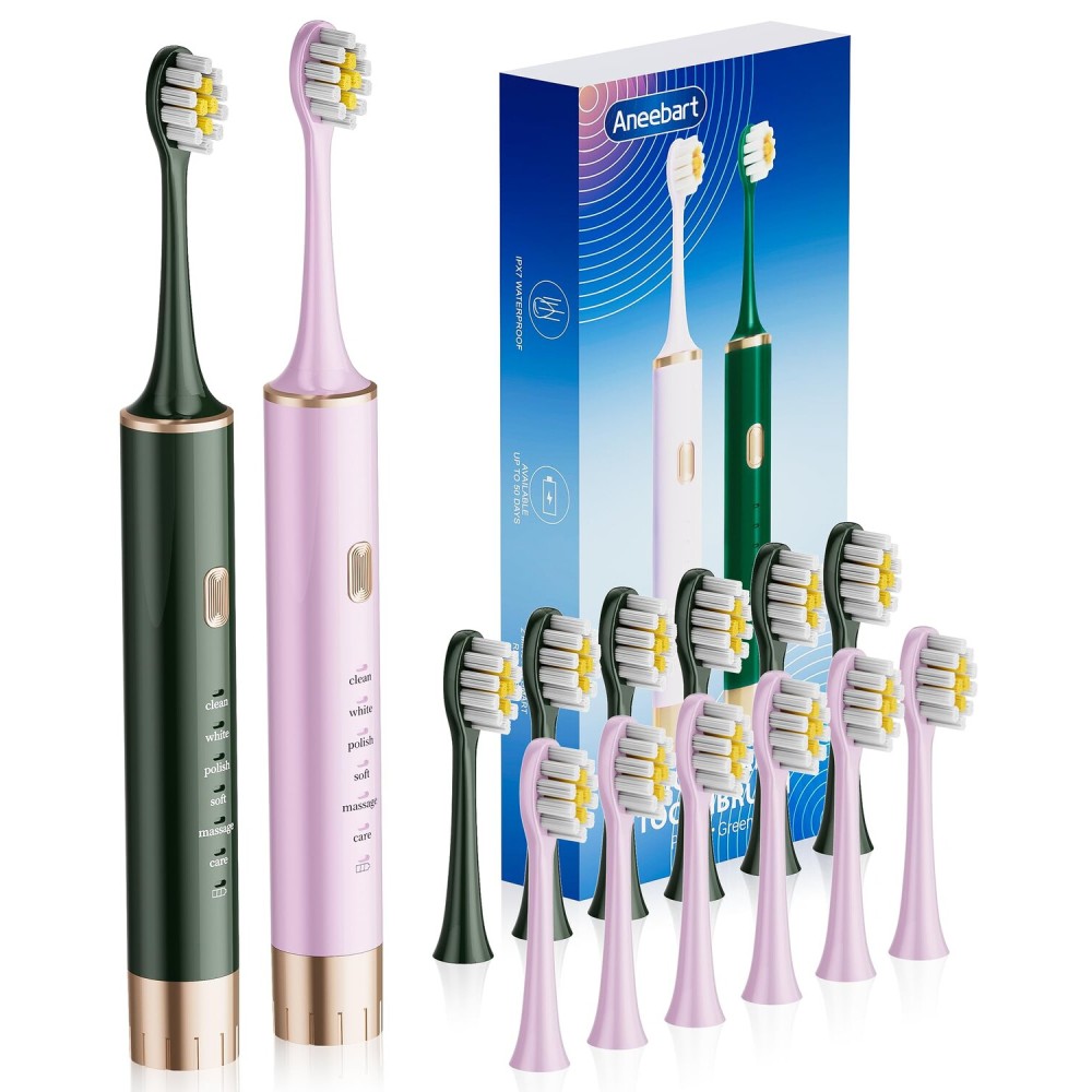 Aneebart Sonic 2 Pack Electric Toothbrush for Adults and Kids, Travel Toothbrush Includes 12 Replacement Toothbrush Heads, 6 Modes with 2 MIN Smart Timer (Purple, Green)
