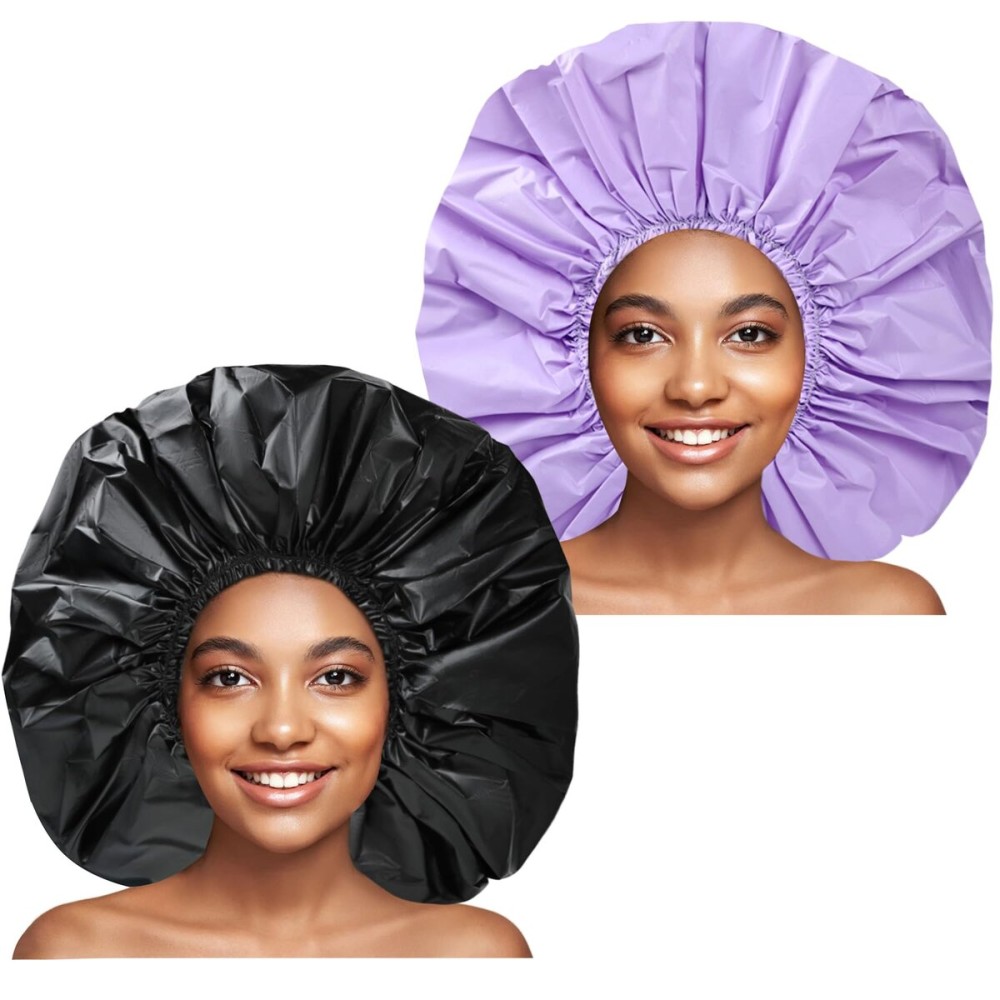 Jumbo Size Shower Cap 2 PCS Waterproof Shower Caps for Women, Extra Large Shower Cap, Reusable Super Large Bath Caps Hair Cap for Long Thick Curly Hair, Locs, Twist Braids - Black + Purple