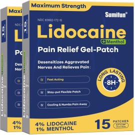 Sumifun 4% Lidocaine Patches Plus 1% Menthol - 30 Counts Maximum Strength OTC Pain Relief Patches for Back Ache Stiff Neck Joint Pain Muscle Soreness Topical Analgesic