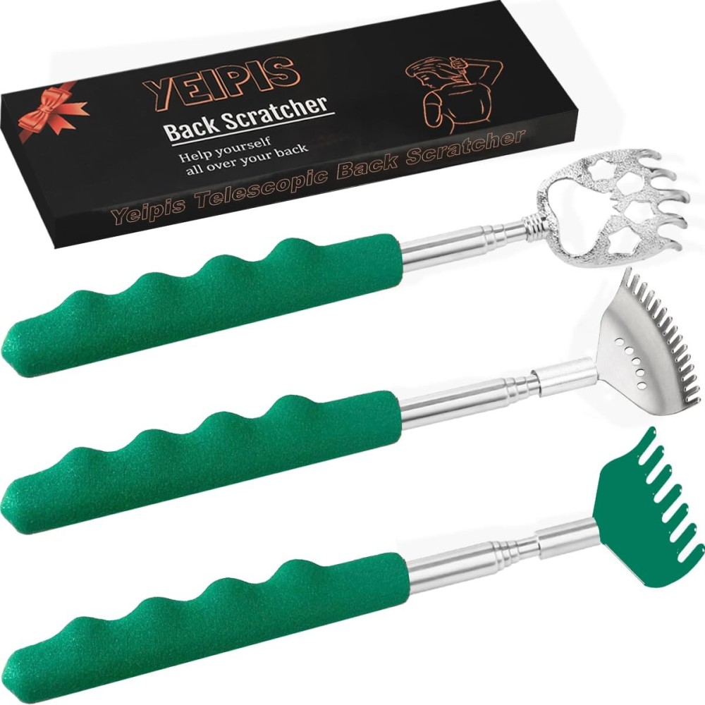 Yeipis 3 Pack Different Back Scratcher Metal Portable Telescoping Back scratchers with Rubber Handles, Extendable Back Massager Tool with Beautiful Box Great Stocking StuffersGreen