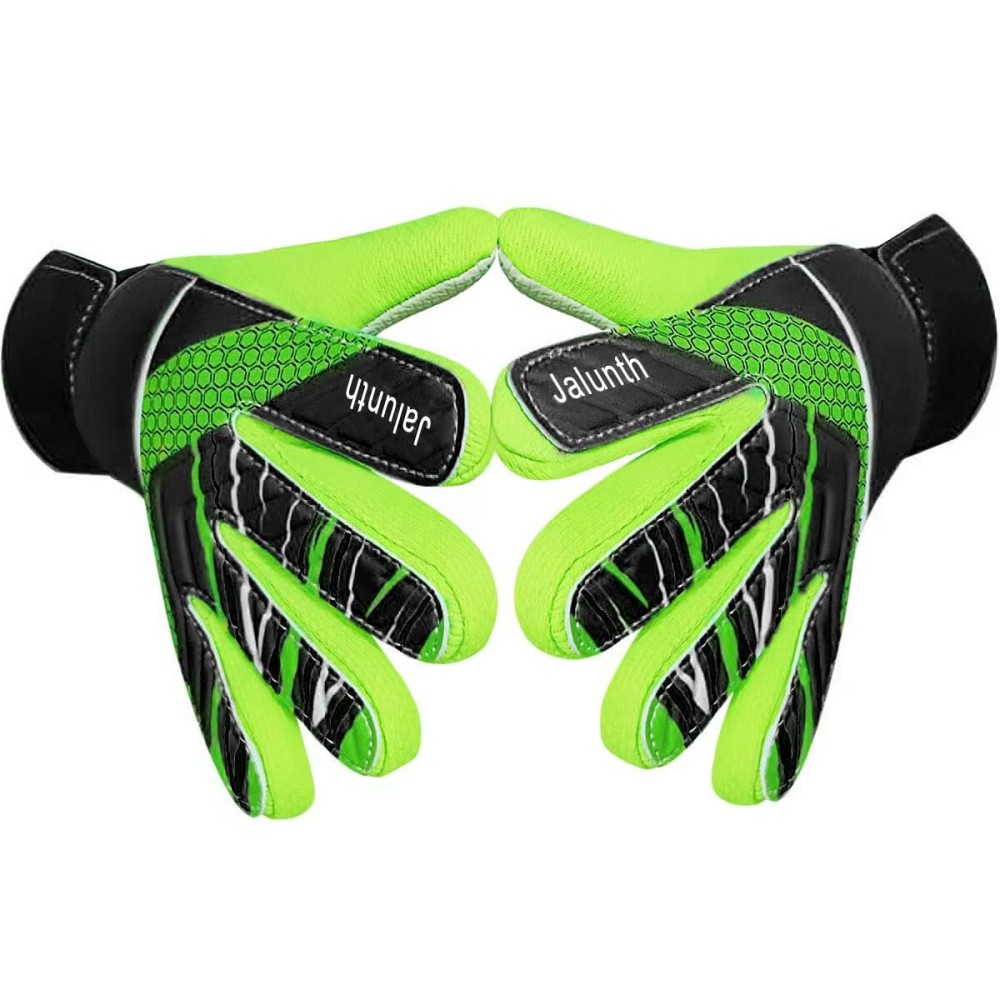 Jalunth Soccer Goalkeeper Goalie Gloves Kids Youth Goal Keeper Field Player Glove Boys Girls Ages 7-8 Years Old Anti-Slip Latex Palm Soft Pu Hand Back Black Green Size 6