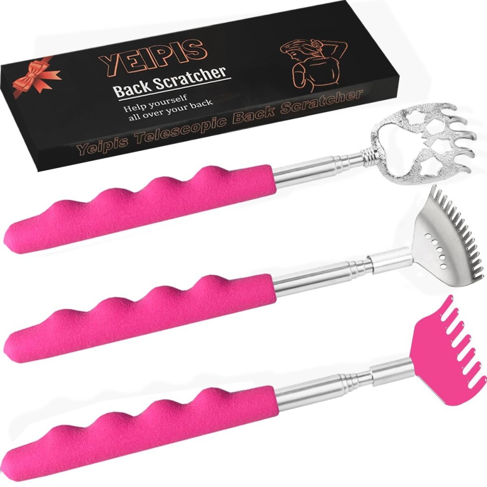 Yeipis 3 Pack Different Back Scratcher Metal Portable Telescoping Back scratchers with Rubber Handles, Extendable Back Massager Tool, Great Stocking Stuffers for Men Women Kids AdultsPink