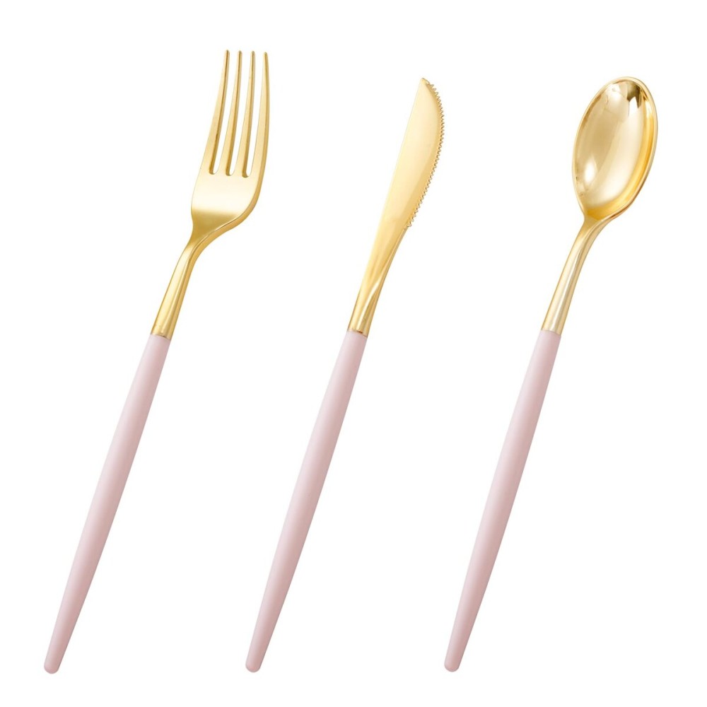 I00000 60 Pack Pink Plastic Silverware,Gold Disposable Flatware with Pink Handle, Gold Plastic Cutlery Set Includes: 20 Forks, 20 Knives and 20 Spoons, Tableware Set for Party and Wedding