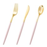 I00000 60 Pack Pink Plastic Silverware,Gold Disposable Flatware with Pink Handle, Gold Plastic Cutlery Set Includes: 20 Forks, 20 Knives and 20 Spoons, Tableware Set for Party and Wedding