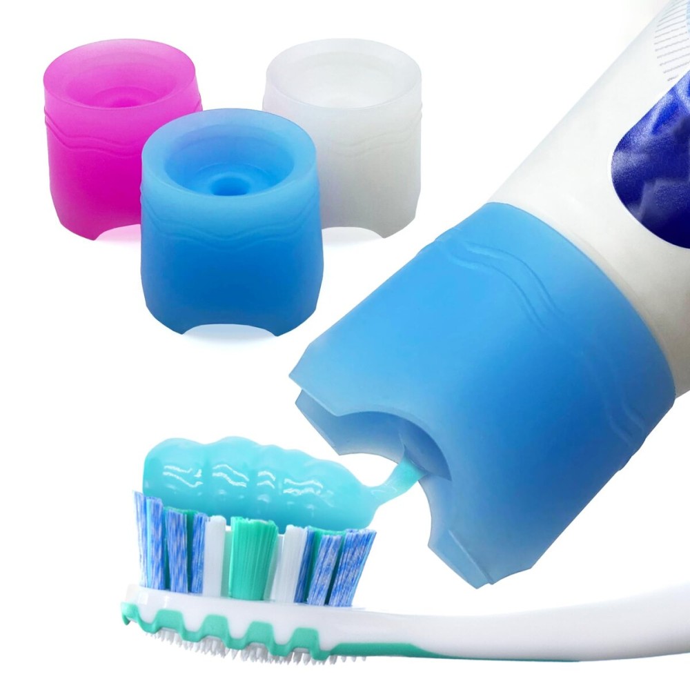 Chrome Cherry SqueezMe Self-Closing Toothpaste Caps, Silicone Lid for Kids & Adults, No Mess Toothpaste Dispenser, Easy Squeezer Cap for Tubes, Bathroom Accessory, Self-Standing Mix, Pack of 3