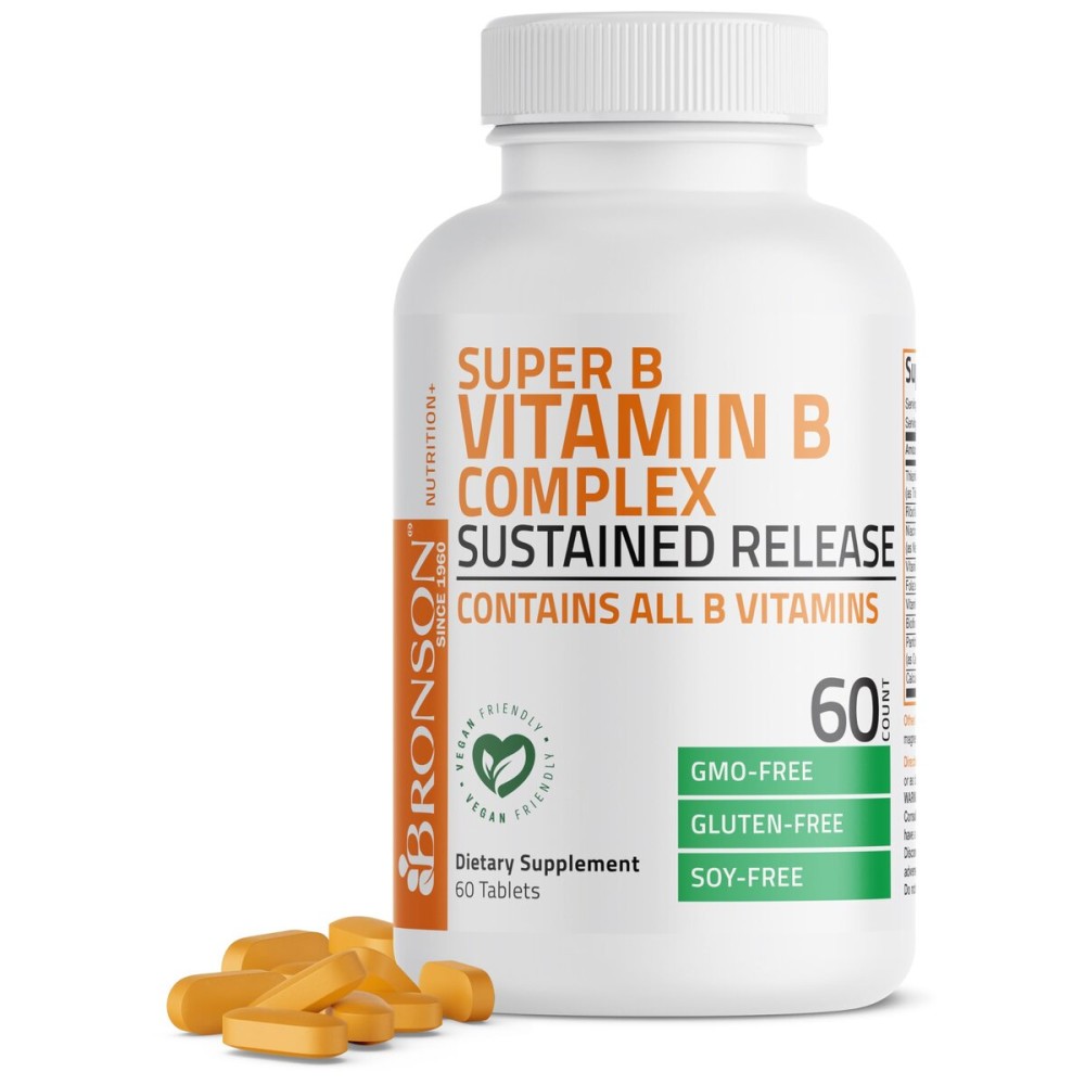 Bronson Super B Vitamin B Complex Sustained Slow Release (Vitamin B1, B2, B3, B6, B9 - Folic Acid, B12) Contains All B Vitamins 60 Tablets