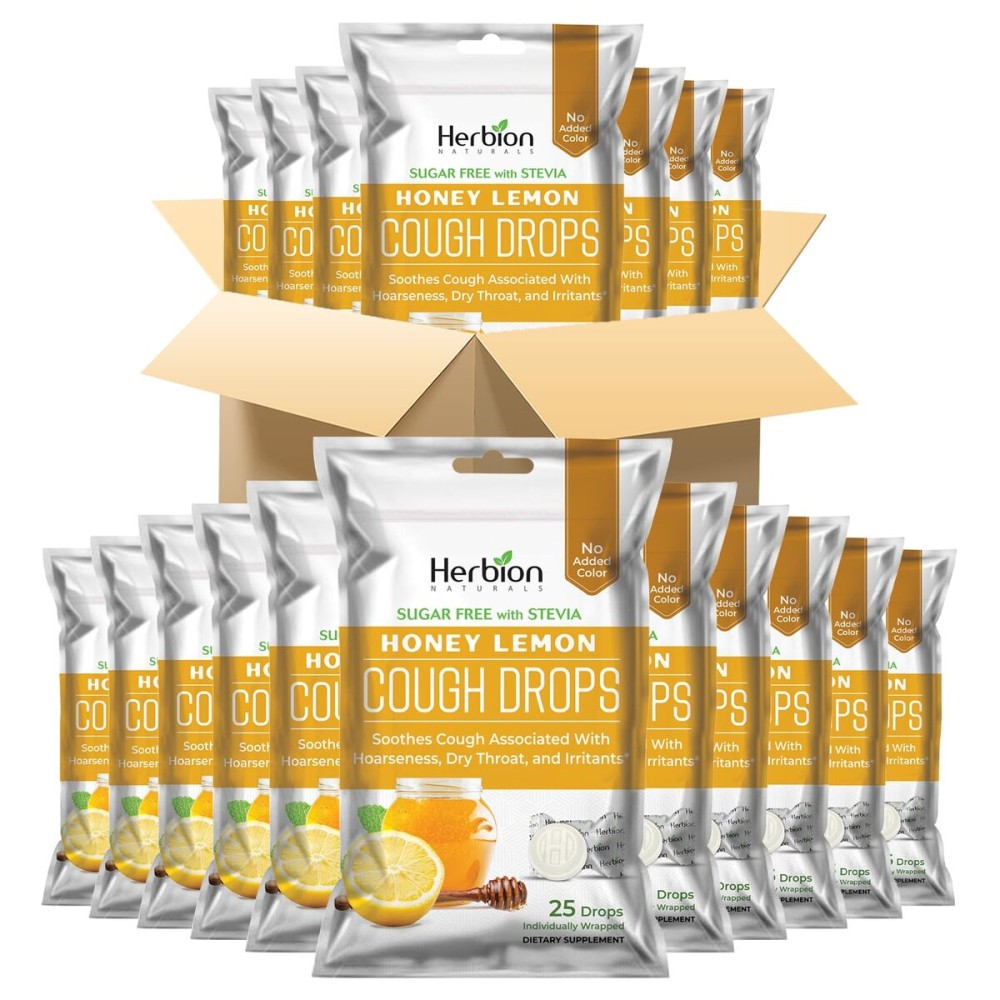 HERBION Naturals Cough Drops, Sugar-Free with Stevia, Dietary Supplement, Soothes Cough, for Adults & Children Over 6 Years, 25 Drops Each (Pack of 40, Honey Lemon)