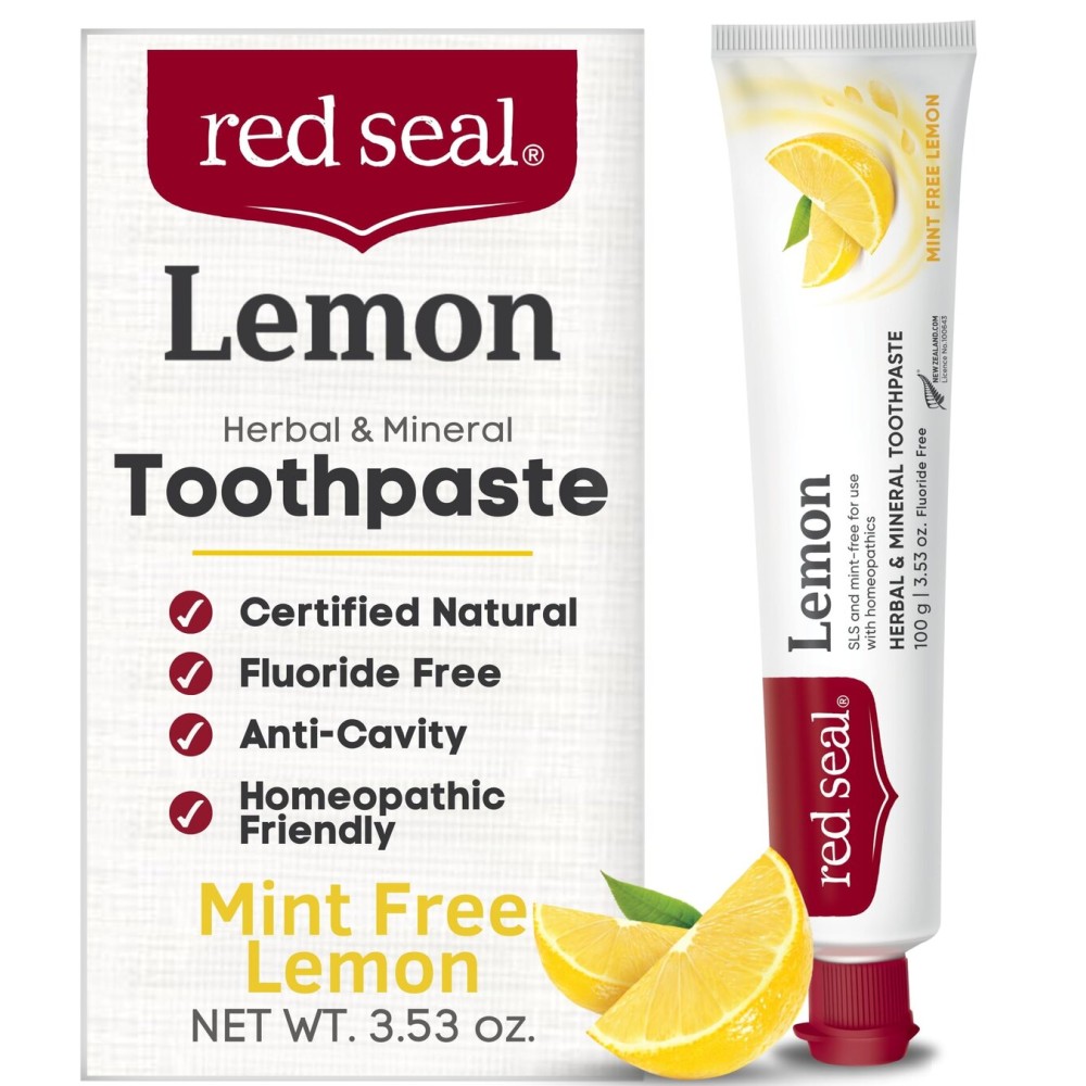 Red Seal Herbal & Mineral Fluoride Free Lemon Toothpaste - Mint Free Toothpaste for Adults - Vegan Friendly, Cruelty Free, No Artificial Colors or Flavors, NATRUE Certified Natural, SLS Free, 3.53 oz