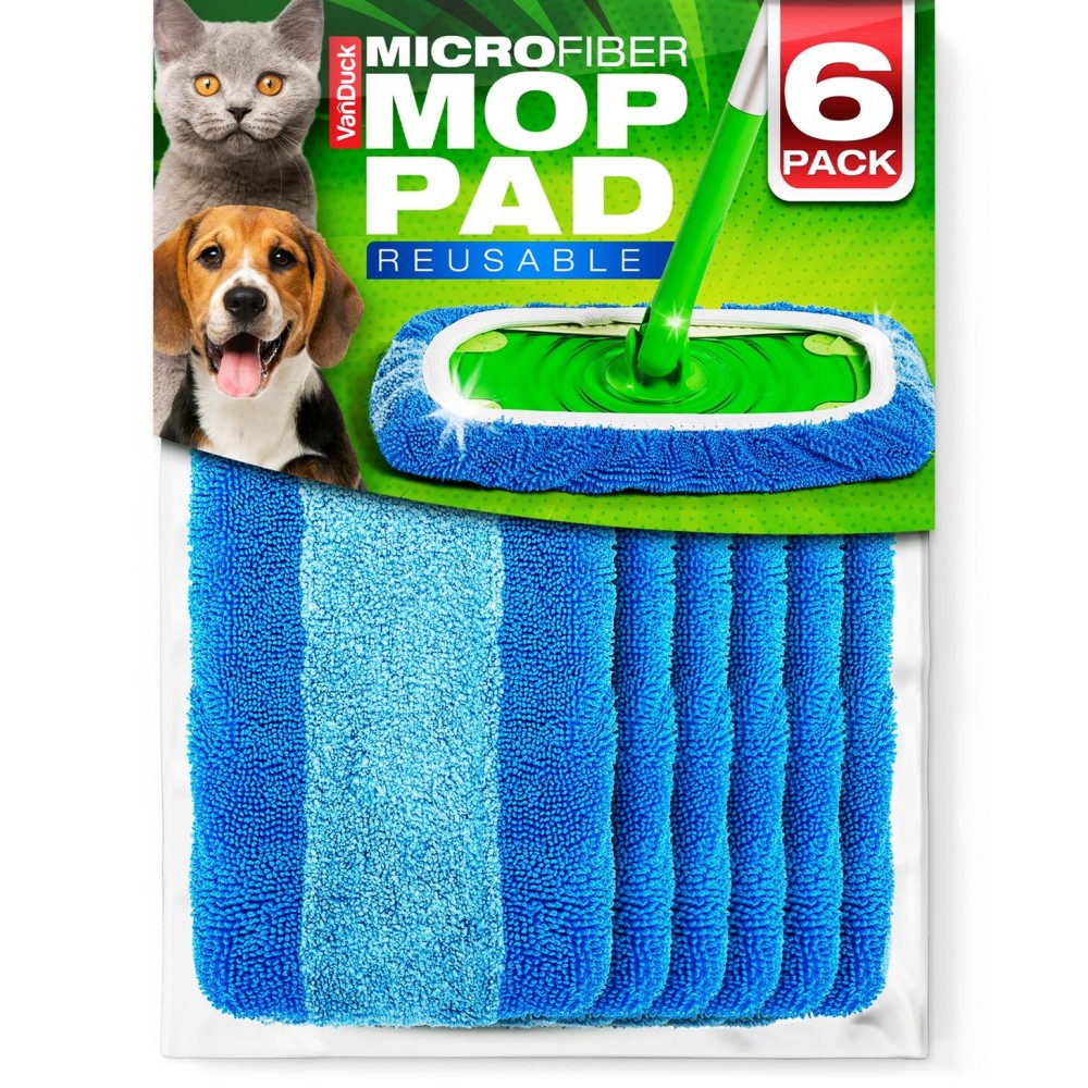 VanDuck Reusable Pet Heavy Duty Mop Pads Compatible with Swiffer Sweeper (6-Pack) - Washable Microfiber Mop Pads for Wet & Dry Use - All Purpose Floor Mopping and Cleaning Product