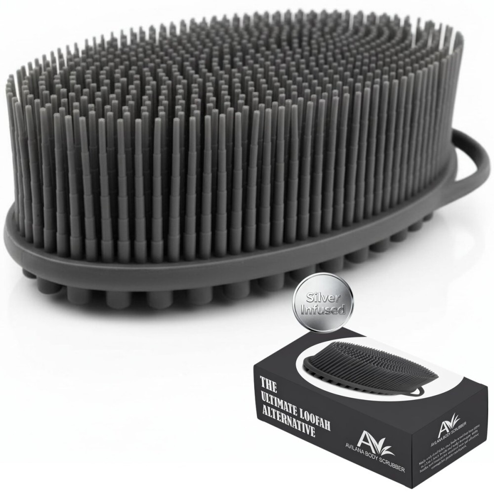 Silver Infused Silicone Body Scrubber Shower - Gentle Back Scrubber Soft Bristles - Avilana Premium Dual Sided Bath Brush Massage - Advanced Material Loofah Alternative - Gift Women Men