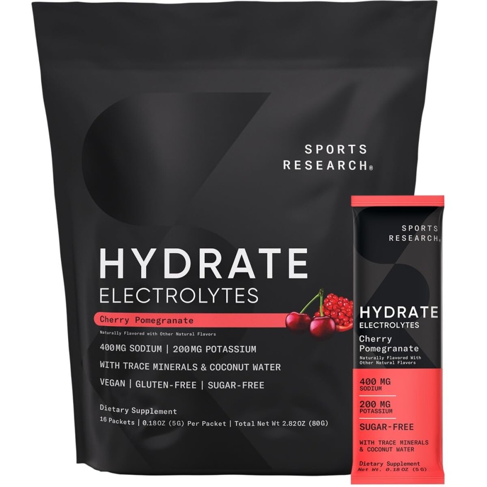 Sports Research Hydrate Electrolytes Powder Packets - Sugar-Free & Naturally Flavored with Vitamins, Minerals, and Coconut Water - Supports Hydration - 16 Packets - Cherry Pomegranate