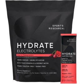 Sports Research Hydrate Electrolytes Powder Packets - Sugar-Free & Naturally Flavored with Vitamins, Minerals, and Coconut Water - Supports Hydration - 16 Packets - Cherry Pomegranate