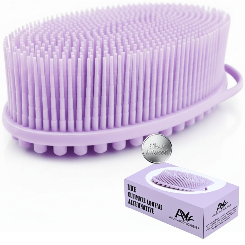 Silver Infused Silicone Body Scrubber Shower - Gentle Back Scrubber Soft Bristles - Avilana Premium Dual Sided Bath Brush Massage - Advanced Material Loofah Alternative - Gift Women Men