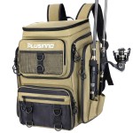 PLUSINNO Fishing Backpack with Rod Holders, 42L Large Water-Resistant Tackle Bag Store Fishing Gear, Camping, Hiking, Fish Gifts for Men Father, Khaki