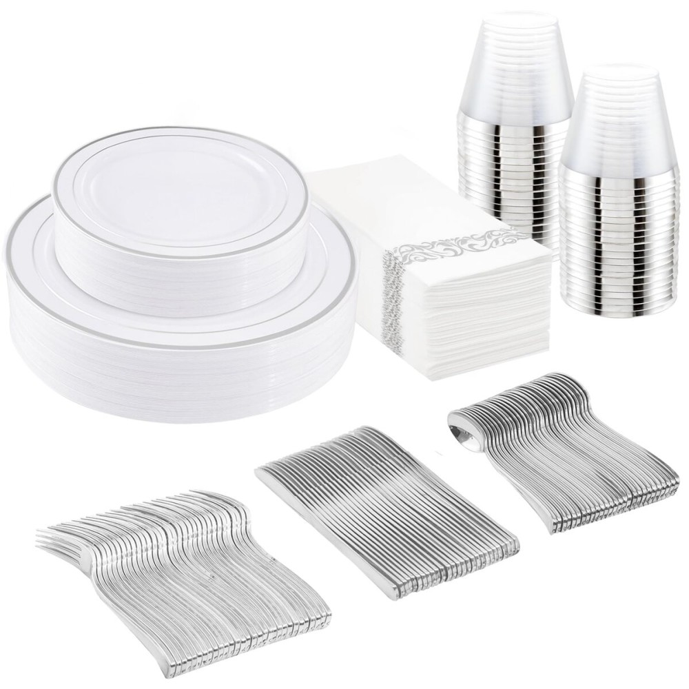 175Pcs Silver Plastic Dinnerware Set, Plastic Plates Disposable for 25 Guests Include:25 Dinner Plates, 25 Dessert Plates, 25 Paper Napkins, 25 Cups, 25 Silver Plastic Silverware Set