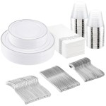 175Pcs Silver Plastic Dinnerware Set, Plastic Plates Disposable for 25 Guests Include:25 Dinner Plates, 25 Dessert Plates, 25 Paper Napkins, 25 Cups, 25 Silver Plastic Silverware Set