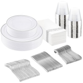 175Pcs Silver Plastic Dinnerware Set, Plastic Plates Disposable for 25 Guests Include:25 Dinner Plates, 25 Dessert Plates, 25 Paper Napkins, 25 Cups, 25 Silver Plastic Silverware Set