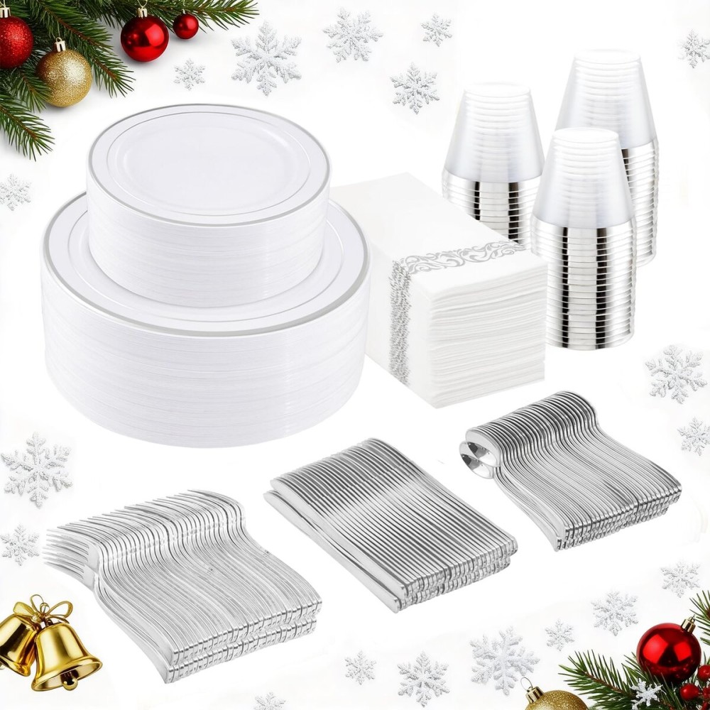 I00000 350Pcs Silver Plastic Dinnerware Set, Plastic Plates Disposable for 50 Guests Include: 100 Silver Rim Plates, 50 Paper Napkins, 50 Cups, 50 Plastic Silverware Set Perfect for Party & Wedding