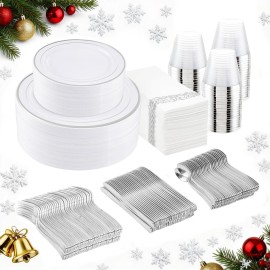 I00000 350Pcs Silver Plastic Dinnerware Set, Plastic Plates Disposable for 50 Guests Include: 100 Silver Rim Plates, 50 Paper Napkins, 50 Cups, 50 Plastic Silverware Set Perfect for Party & Wedding