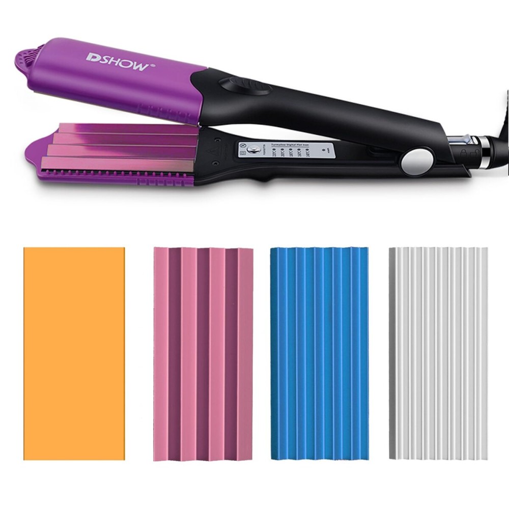 DSHOW 4 in 1 Hair Crimper Hair Waver Hair Straightener Curling Iron with 4 Interchangeable Titanium Ceramic Flat Crimping Irons Plates (Purple) (Blush)