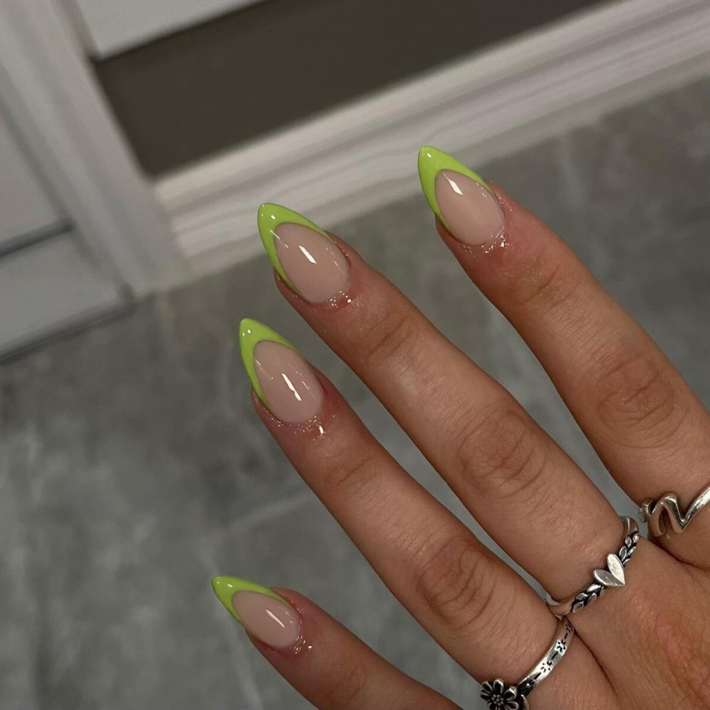 Neon Green French Tip Press On Nails - Almond Shape, 30pcs, 15 Sizes, DIY Acrylic, Gel Finish