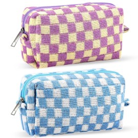 ZLFSRQ 2Pcs Checkered Pencil Case Cute Pencil Pouch for Teens Checkered Makeup Bag Medium Travel Cosmetic Bag Preppy Makeup Pouch for Purse Aesthetic Zipper Toiletry Bags Organizer(Blue/Purple)