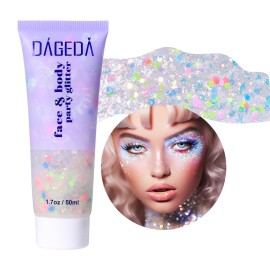 DAGEDA Rainbow Body Glitter Gel, Face Glitter for Pride Day Makeup Sequins Shimmer Eyeshadow, Chunky Glitter for Face Hair, Holographic Cosmetic Laser Powder Festival Glitter Makeup1.7oz (Candy Color)