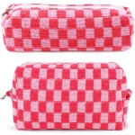 2Pcs Checkered Pencil Case Cute Pencil Pouch for Teens Checkered Makeup Bag Travel Cosmetic Bag Set Cute Makeup Pouch for Purse Portable Zippered Skincare Bags Preppy Toiletry Bags Organizer(Pink)