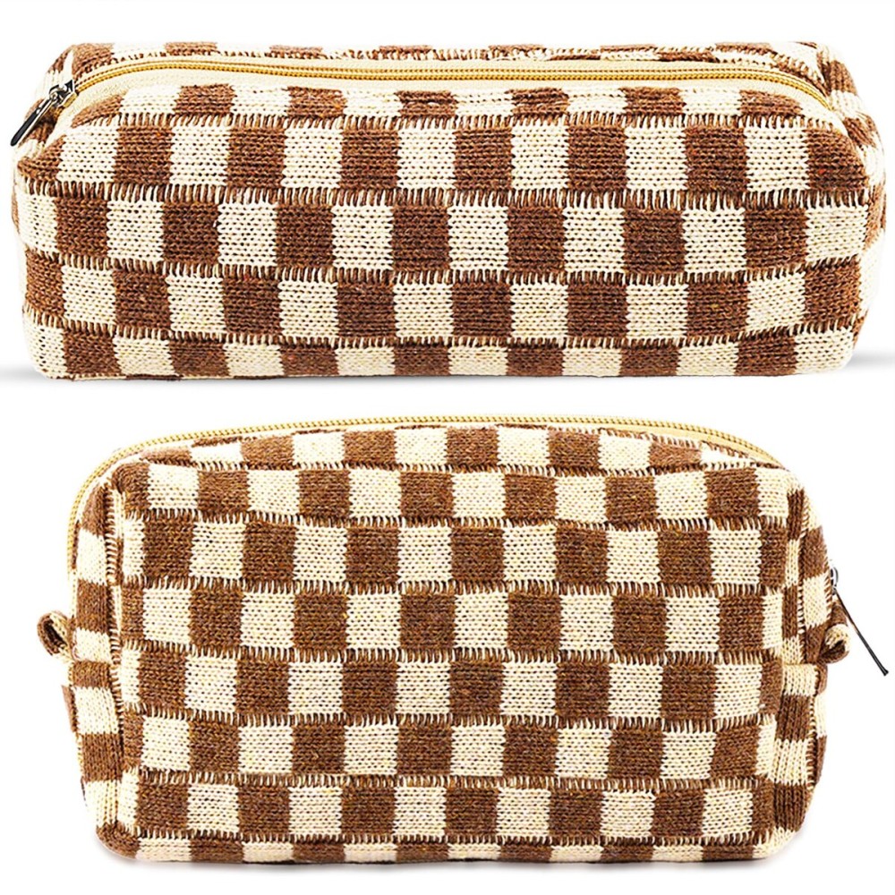 2Pcs Checkered Pencil Case Cute Pencil Pouch for Teens Checkered Makeup Bag Travel Cosmetic Bag Set Cute Makeup Pouch for Purse Portable Zippered Skincare Bags Preppy Toiletry Bags Organizer(Brown)