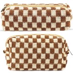 2Pcs Checkered Pencil Case Cute Pencil Pouch for Teens Checkered Makeup Bag Travel Cosmetic Bag Set Cute Makeup Pouch for Purse Portable Zippered Skincare Bags Preppy Toiletry Bags Organizer(Brown)