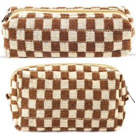 2Pcs Checkered Pencil Case Cute Pencil Pouch for Teens Checkered Makeup Bag Travel Cosmetic Bag Set Cute Makeup Pouch for Purse Portable Zippered Skincare Bags Preppy Toiletry Bags Organizer(Brown)