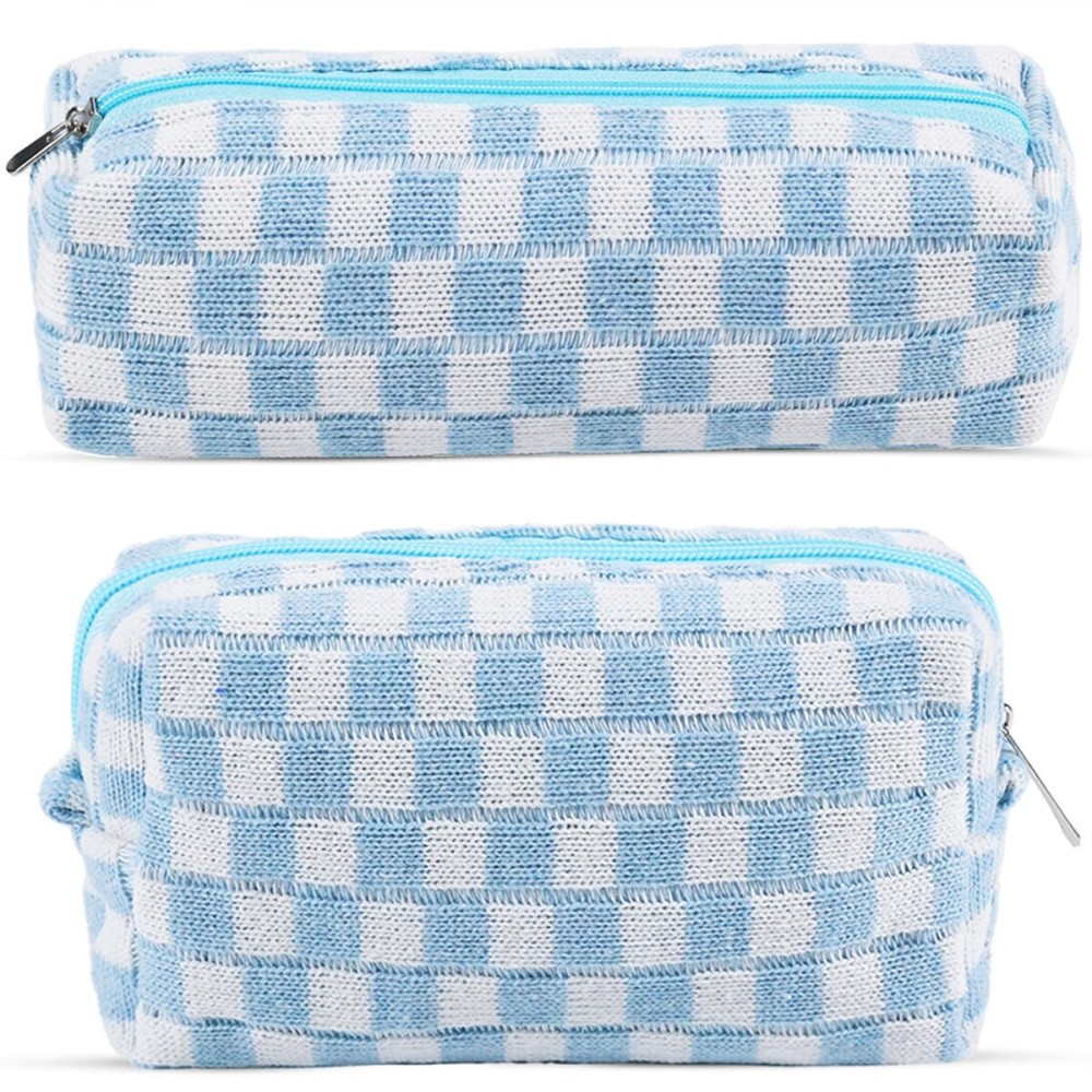 2Pcs Checkered Pencil Case Cute Pencil Pouch for Teens Checkered Makeup Bag Travel Cosmetic Bag Set Cute Makeup Pouch for Purse Portable Zippered Skincare Bags Preppy Toiletry Bags Organizer(Blue)