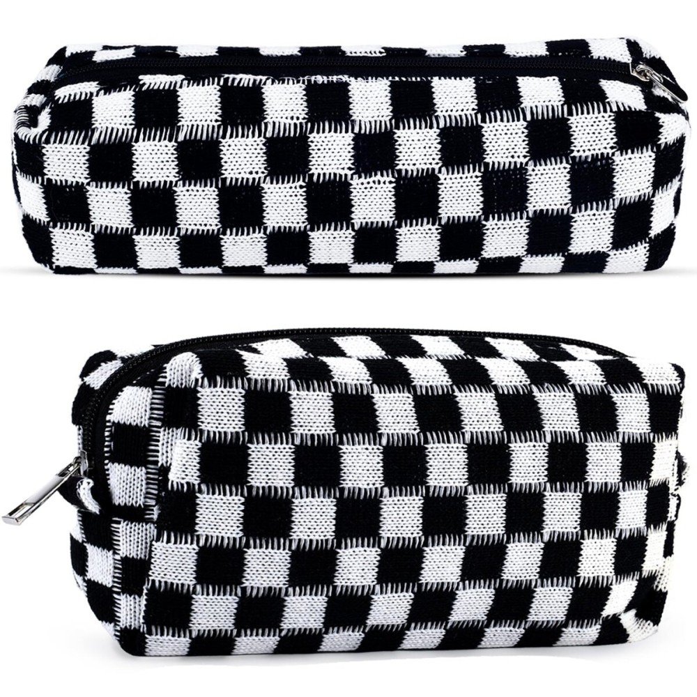 2Pcs Checkered Pencil Case Cute Pencil Pouch for Teens Checkered Makeup Bag Travel Cosmetic Bag Set Cute Makeup Pouch for Purse Portable Zippered Skincare Bags Preppy Toiletry Bags Organizer(Black)